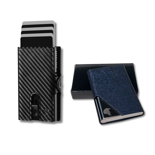 Carbon Slim Wallet von SPARTANHUB mit blauem Visitenkartenetui – smartes Duo für Alltag & Business