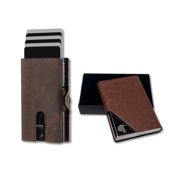 RFID-geschütztes Slim Wallet in Braun kombiniert mit passendem braunen Kartenetui