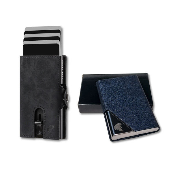 SPARTANHUB Slim Wallet schwarz kombiniert mit blauem Kartenetui – modernes Business-Set
