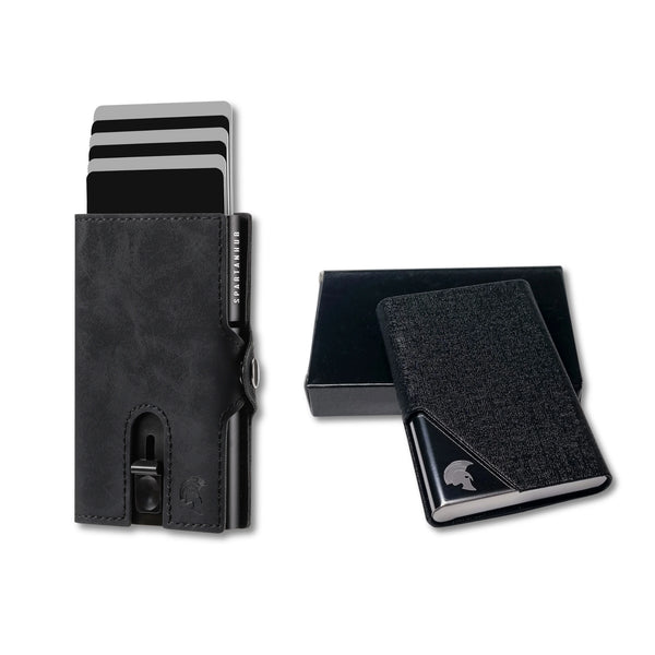 Schwarzes RFID Slim Wallet kombiniert mit schwarzem Visitenkarten-Case – elegantes Business Zubehör