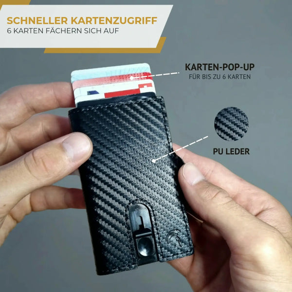 SPARTANHUB Slim Wallet – RFID-blockierendes Carbon-Portemonnaie mit Münzfach und Pop-Up Mechanismus