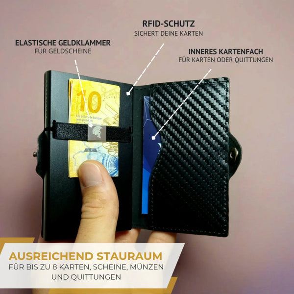 SPARTANHUB Slim Wallet – RFID-blockierendes Carbon-Portemonnaie mit Münzfach und Pop-Up Mechanismus
