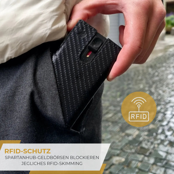 SPARTANHUB Slim Wallet – RFID-blockierendes Carbon-Portemonnaie mit Münzfach und Pop-Up Mechanismus