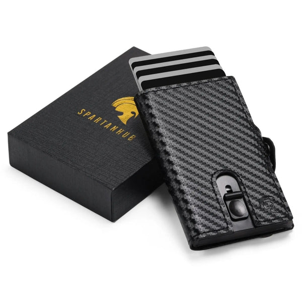 SPARTANHUB Slim Wallet – RFID-blockierendes Carbon-Kartenetui mit Pop-Up Mechanismus