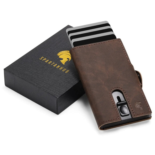 SPARTANHUB Slim Wallet – RFID-blockierendes braunes-Kartenetui mit Pop-Up Mechanismus