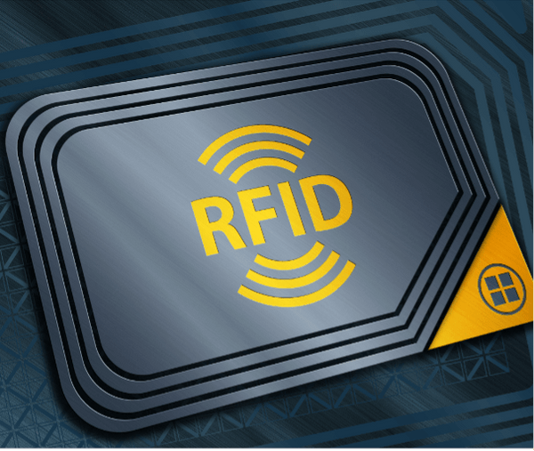 RFID-Chip mit Funkwellen-Symbol – Technologie für kontaktlose Datenübertragung und Sicherheit. RFID-Schutz für Kreditkarten, Geldbörsen und Smart Wallets.