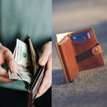 Vergleich zwischen klassischer Geldbörse mit Bargeld und modernem Slim Wallet mit Karten – traditionell vs. minimalistisch.