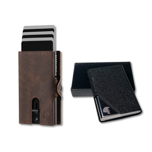 Business Set mit braunem Slim Wallet und schwarzem Kartenetui – kompakt und sicher