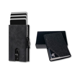 Schwarzes RFID Slim Wallet kombiniert mit schwarzem Visitenkarten-Case – elegantes Business Zubehör