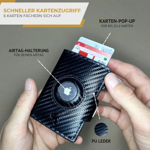 SPARTANHUB Elite Wallet – RFID-geschütztes Wallet in Carbon-Optik mit AirTag-Halterung und Karten-Pop-up-Funktion.