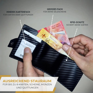 SPARTANHUB Elite Wallet – geöffnetes RFID-geschütztes Wallet in Carbon-Optik mit Fächern für Geldscheine und Karten.