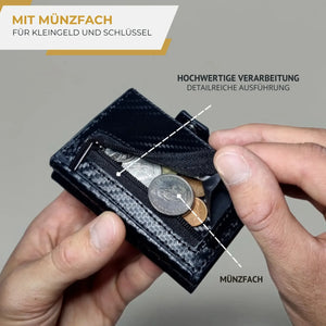 SPARTANHUB Elite Wallet – RFID-geschütztes Elite Wallet in Carbon-Optik mit praktischem Münzfach und Reissverschluss.