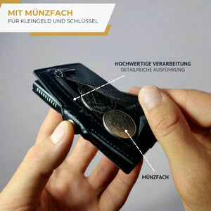 SPARTANHUB Slim Wallet – RFID-blockierendes Carbon-Portemonnaie mit Münzfach und Pop-Up Mechanismus