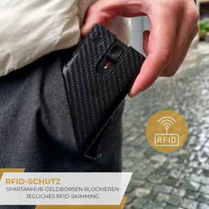 SPARTANHUB Slim Wallet – RFID-blockierendes Carbon-Portemonnaie mit Münzfach und Pop-Up Mechanismus