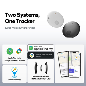 Bild 1 (Two Systems, One Tracker):
SPARTANHUB Smart Finder Übersicht – Dual-Mode Tracker für Apple Find My und Google Find Hub mit austauschbarer Batterie und globalem Tracking