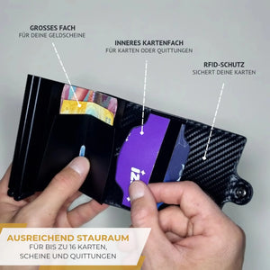 SPARTANHUB Smart Wallet – RFID-geschütztes Wallet in Carbon-Optik mit Fächern für Karten, Geldscheine und Belege.