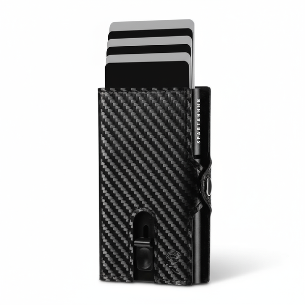 SPARTANHUB Slim Wallet – RFID-blockierendes Carbon-Kartenetui mit Pop-Up Mechanismus