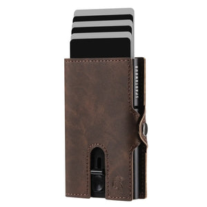 SPARTANHUB Slim Wallet – RFID-blockierendes braunes-Kartenetui mit Pop-Up Mechanismus