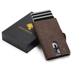SPARTANHUB Slim Wallet – RFID-blockierendes braunes-Kartenetui mit Pop-Up Mechanismus