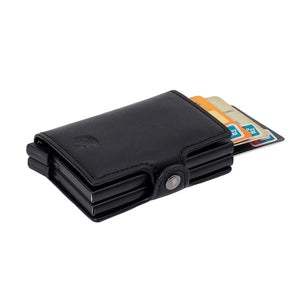 SPARTANHUB Smart Wallet – RFID-geschütztes Portemonnaie in schwarzer-Optik mit doppelter Pop-up-Kartenfunktion.