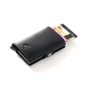 SPARTANHUB Tracker Wallet – RFID-geschütztes Slim Wallet in schwarzer-Optik mit AirTag-Halterung und Pop-up-Kartenfunktion.